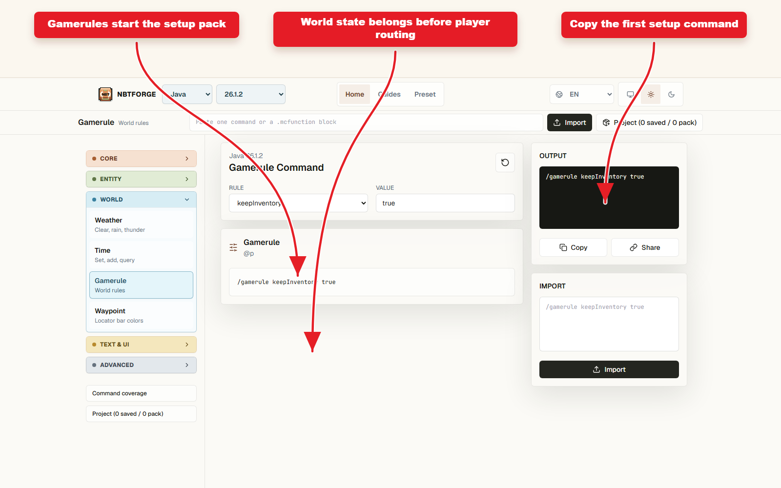 NBTForge Screenshot der Gamerule-Workbench zum Starten eines Abenteuerkarten-Befehlspakets.