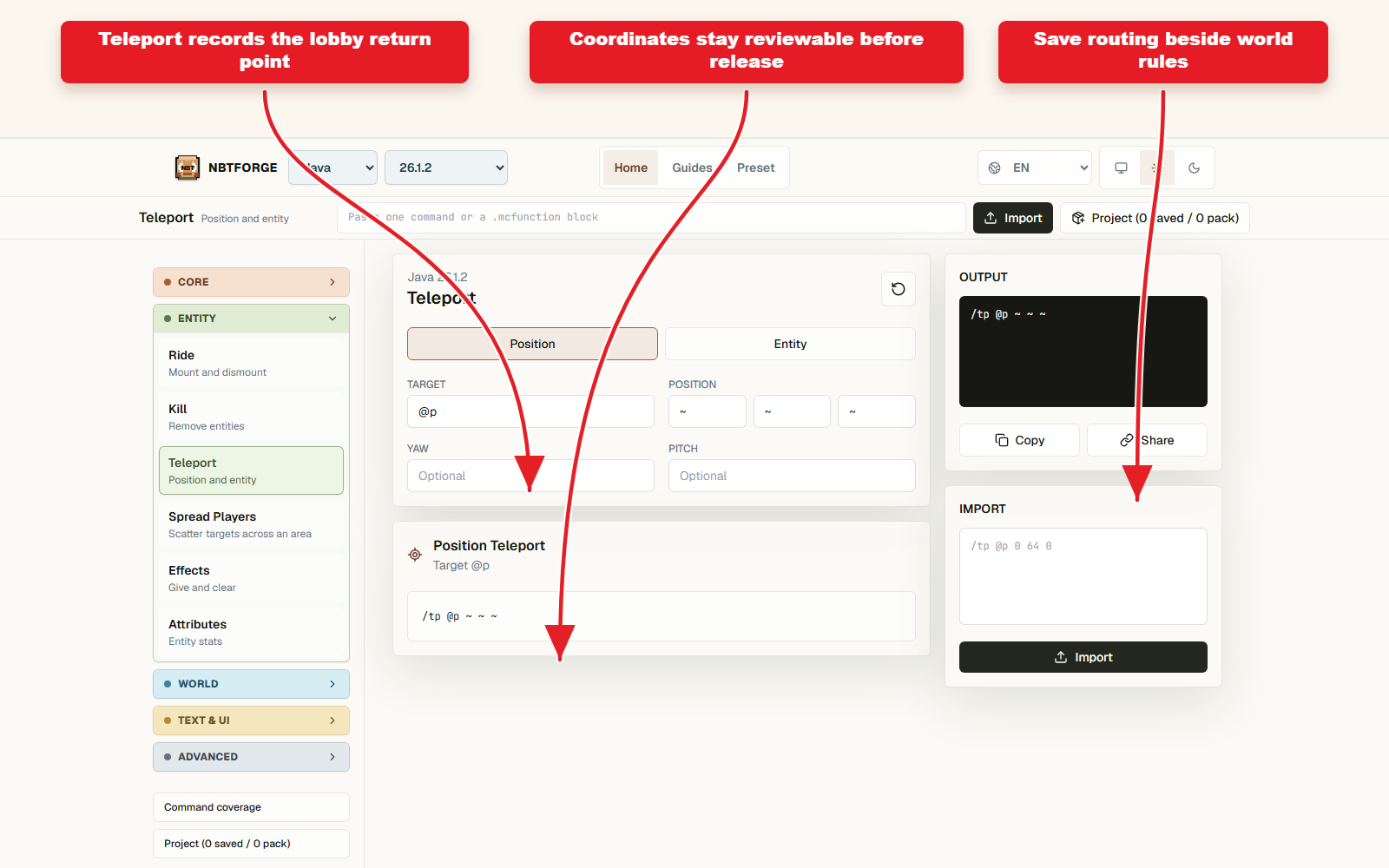 NBTForge Screenshot der Teleport-Workbench für einen Return-Befehl in der Lobby einer Abenteuerkarte.