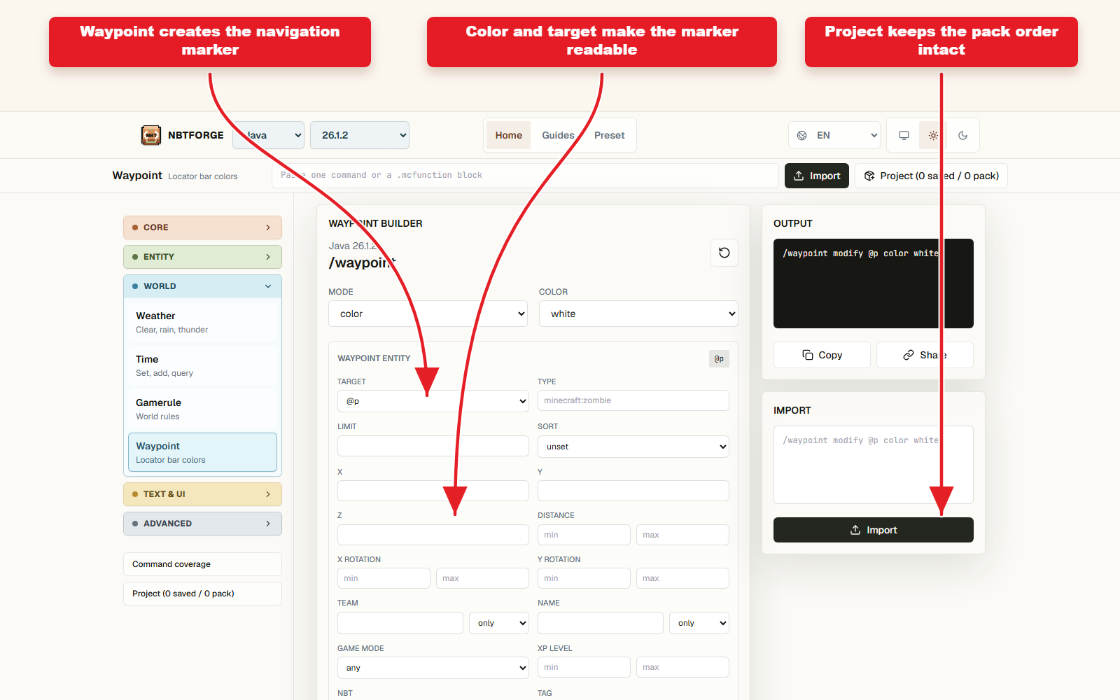NBTForge Screenshot der Waypoint-Workbench zur Unterstützung der Abenteuerkartennavigation.