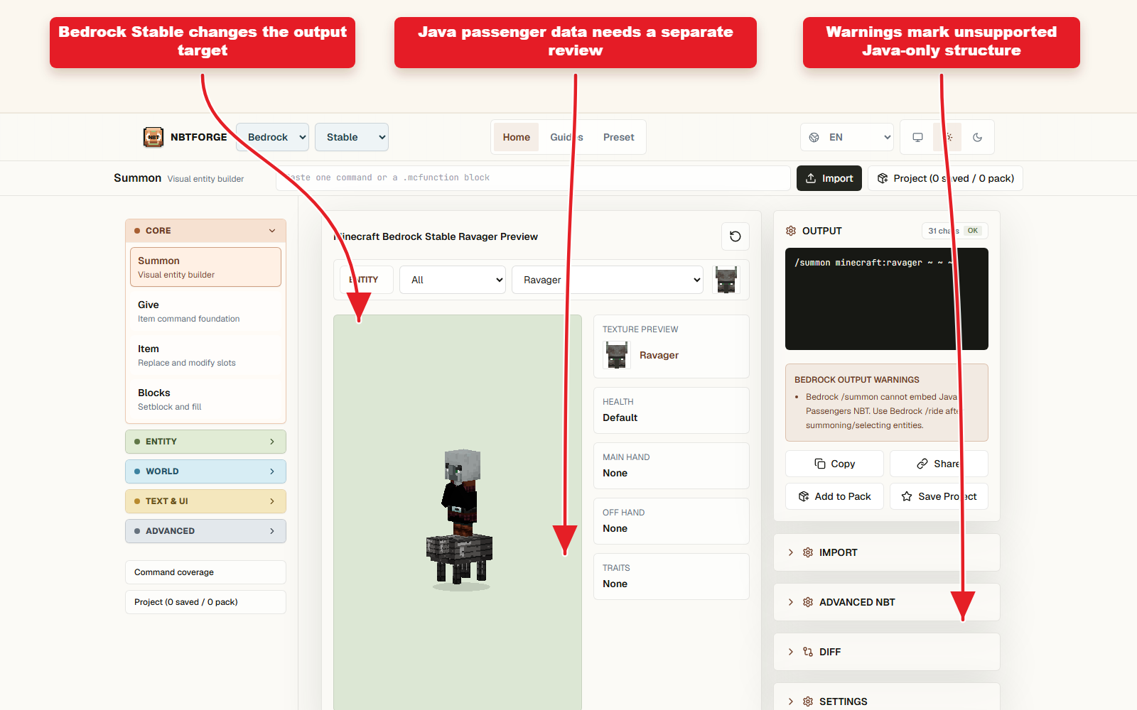 NBTForge Summon captura de pantalla del workbench que muestra Bedrock Output estable con advertencias de datos de pasajeros Java.