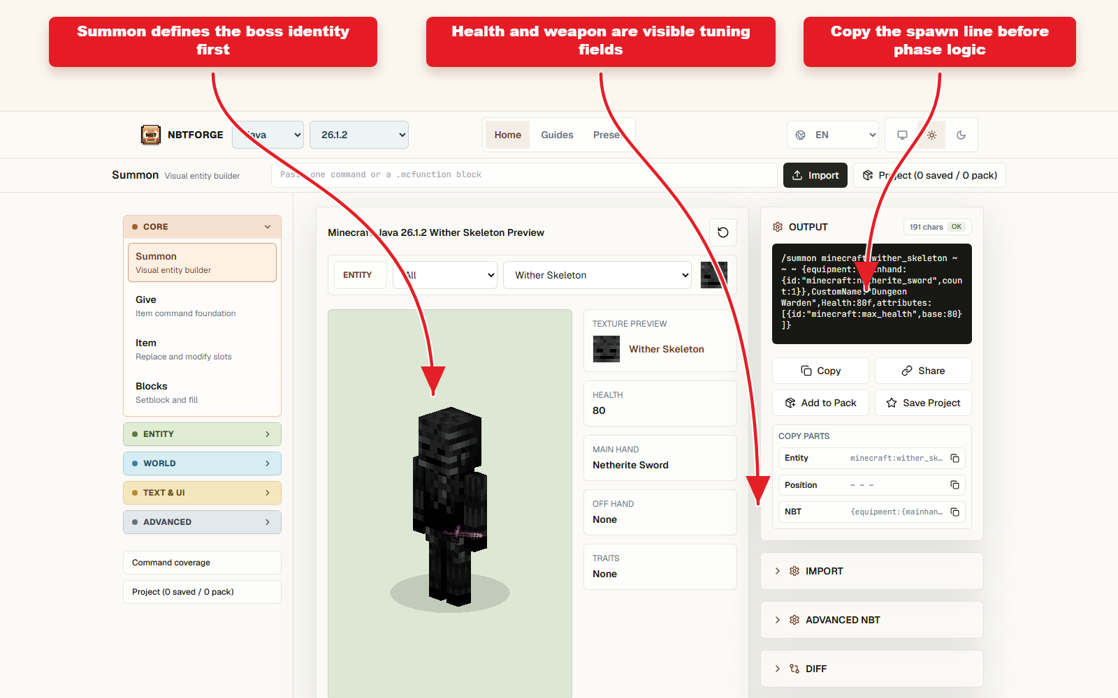 NBTForge Summon 用于定义地下城 Boss 实体和武器的 workbench 截图。