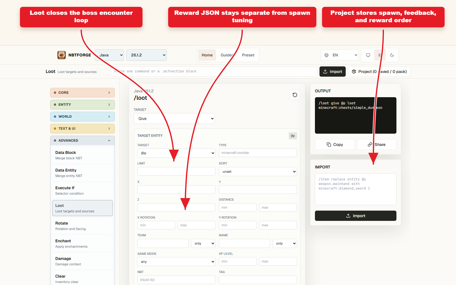 NBTForge 战利品workbench 截图，用于连接 Boss 遭遇以奖励 JSON。