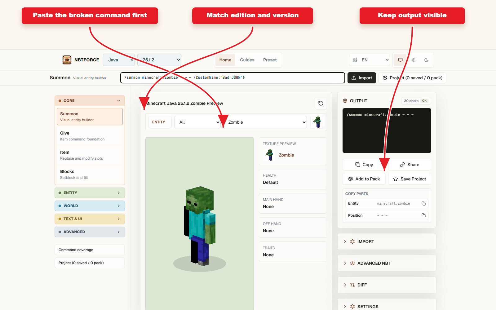 NBTForge-Workbench-Screenshot mit einem fehlerhaften Befehl, der in die Importleiste eingefügt wurde.