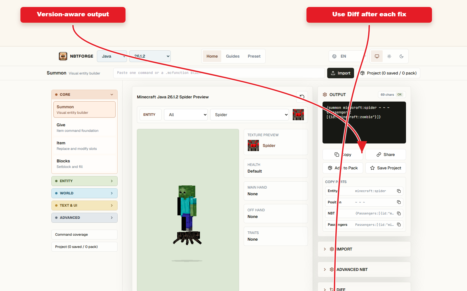 NBTForge-Output-Screenshot, der die versionierte Output und den Diff-Workflow zeigt.
