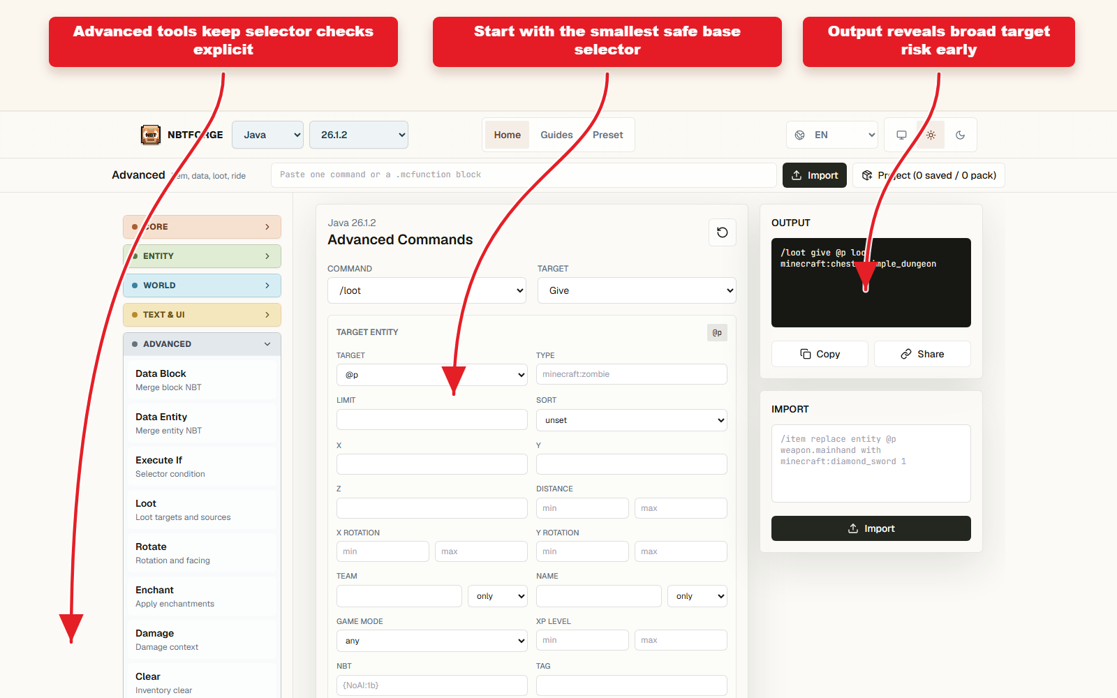 NBTForge Screenshot der erweiterten Workbench, der die Überprüfung des Selektors vor der Befehlsausgabe zeigt.