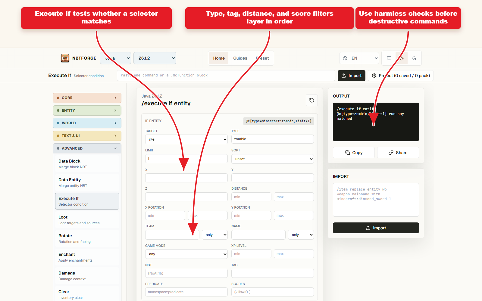 NBTForge Execute If-Workbench-Screenshot zum Testen, ob ein Zielselektor übereinstimmt.