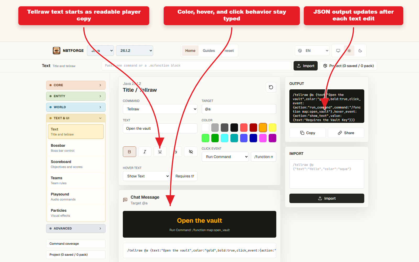 NBTForge Screenshot der Text-Workbench mit Tellraw-Farb-, Hover- und Klickfeldern.