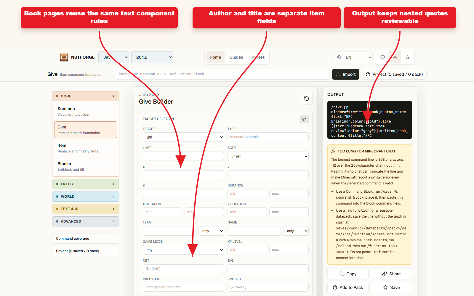 NBTForge Give Workbench-Screenshot, der die Output der geschriebenen Buchtextkomponente zeigt.