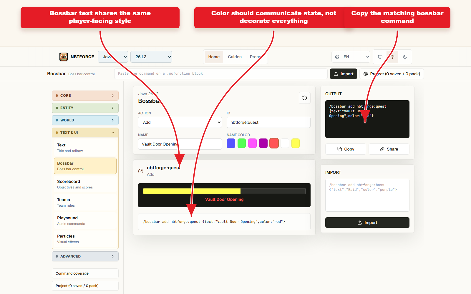 NBTForge Bossbar Workbench-Screenshot, der die dem Spieler zugewandte Textfarbe für ein Ziel zeigt.