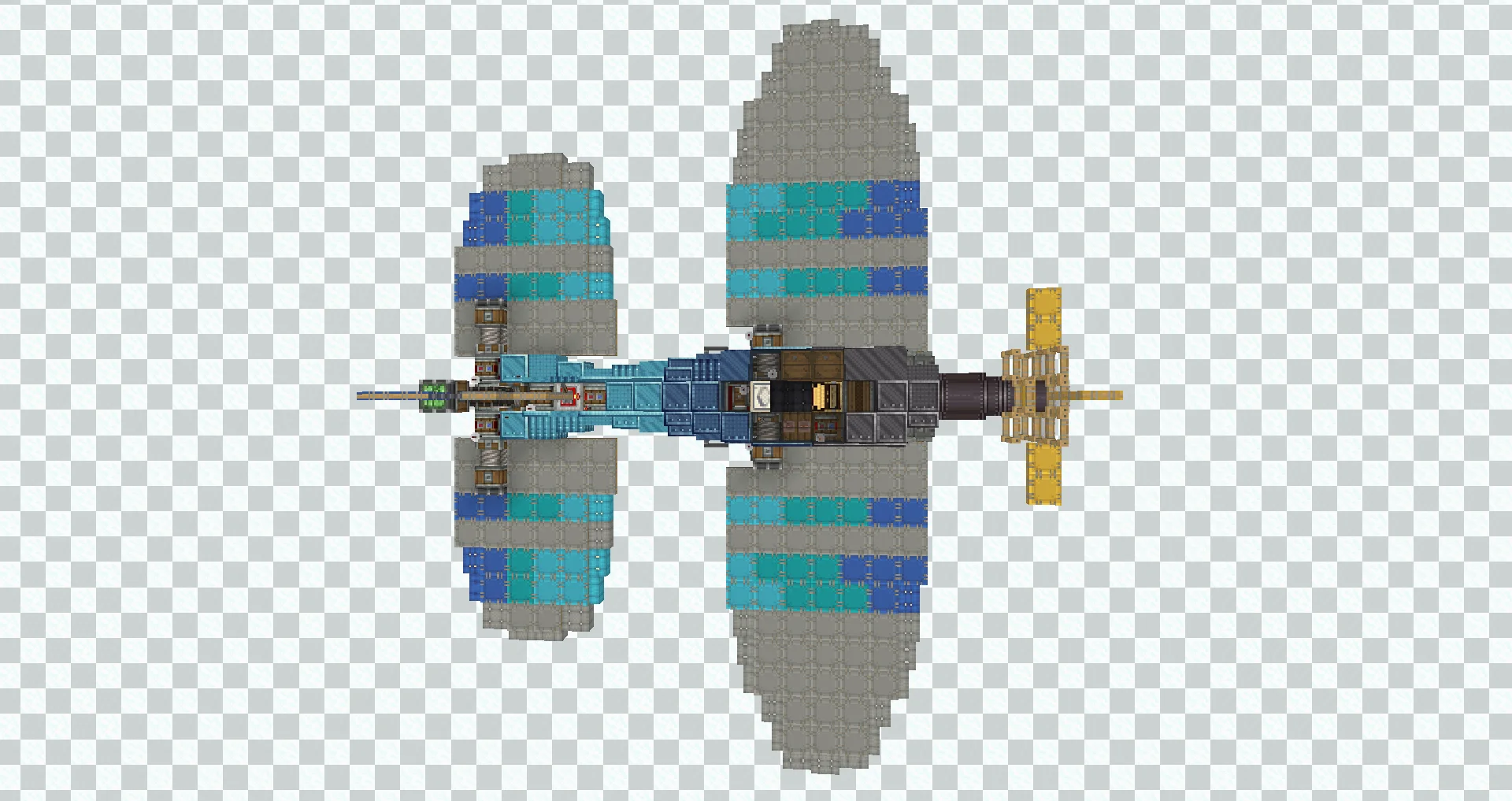 low-rising plane "Rasante-P1" + 2 variants with Light Gray Sail, Copycat Stacked Half Layer, Copycat Layer, Cyan Sail, Light Gray Symmetric Sail, Redstone Link, Belt, and Blue Sail, visible proportions, and a 27 x 10 x 23 schematic footprint.