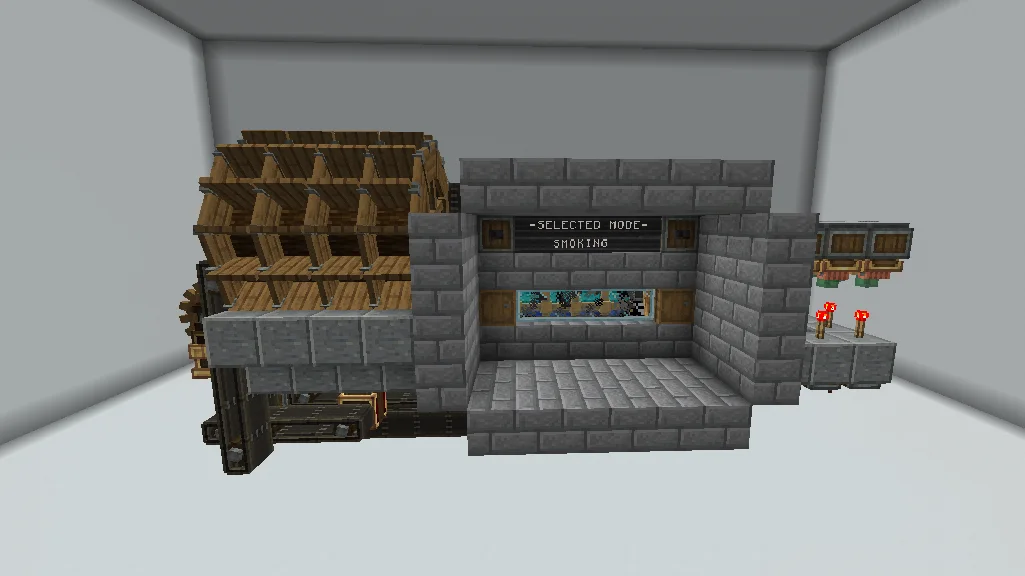 8-in-1 Bulk Item Processor with Stone Bricks, Polished Andesite, Belt, Water Wheel Structure, Redstone Link, Water, Redstone Contact, and Dragon Breathing Sail, visible proportions, and a 7 x 8 x 17 schematic footprint.