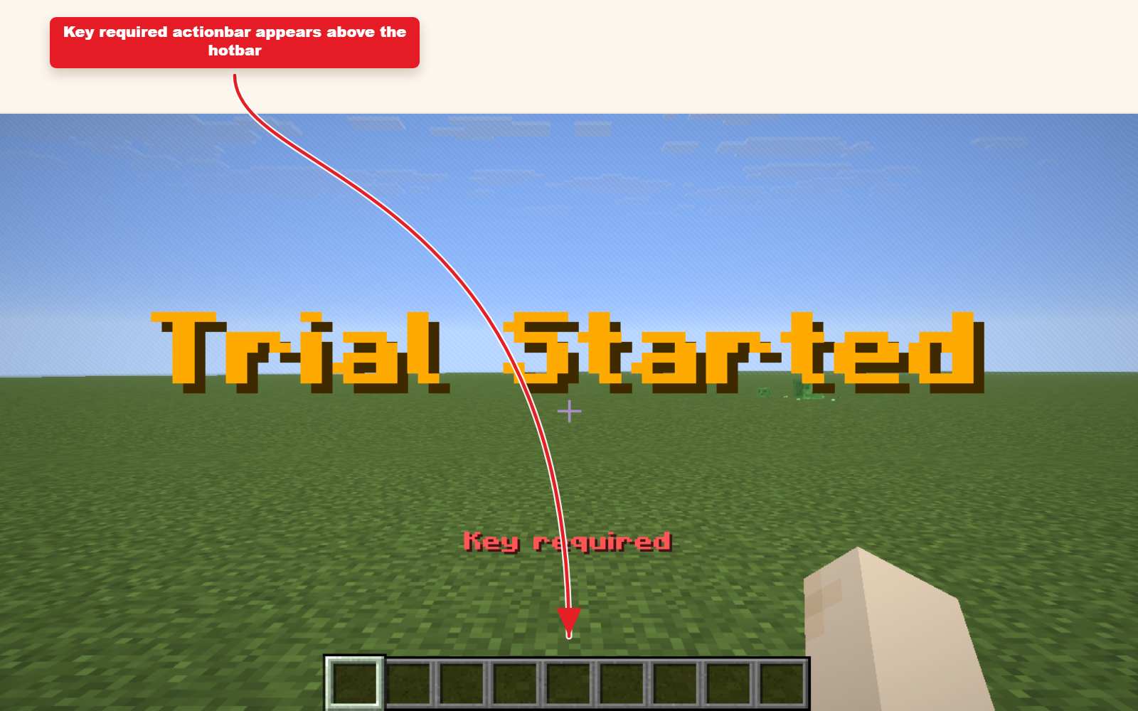 Oyuncu geri bildirimi sonucu için Actionbar preseti gösteren oyun içi Minecraft ekran görüntüsü.