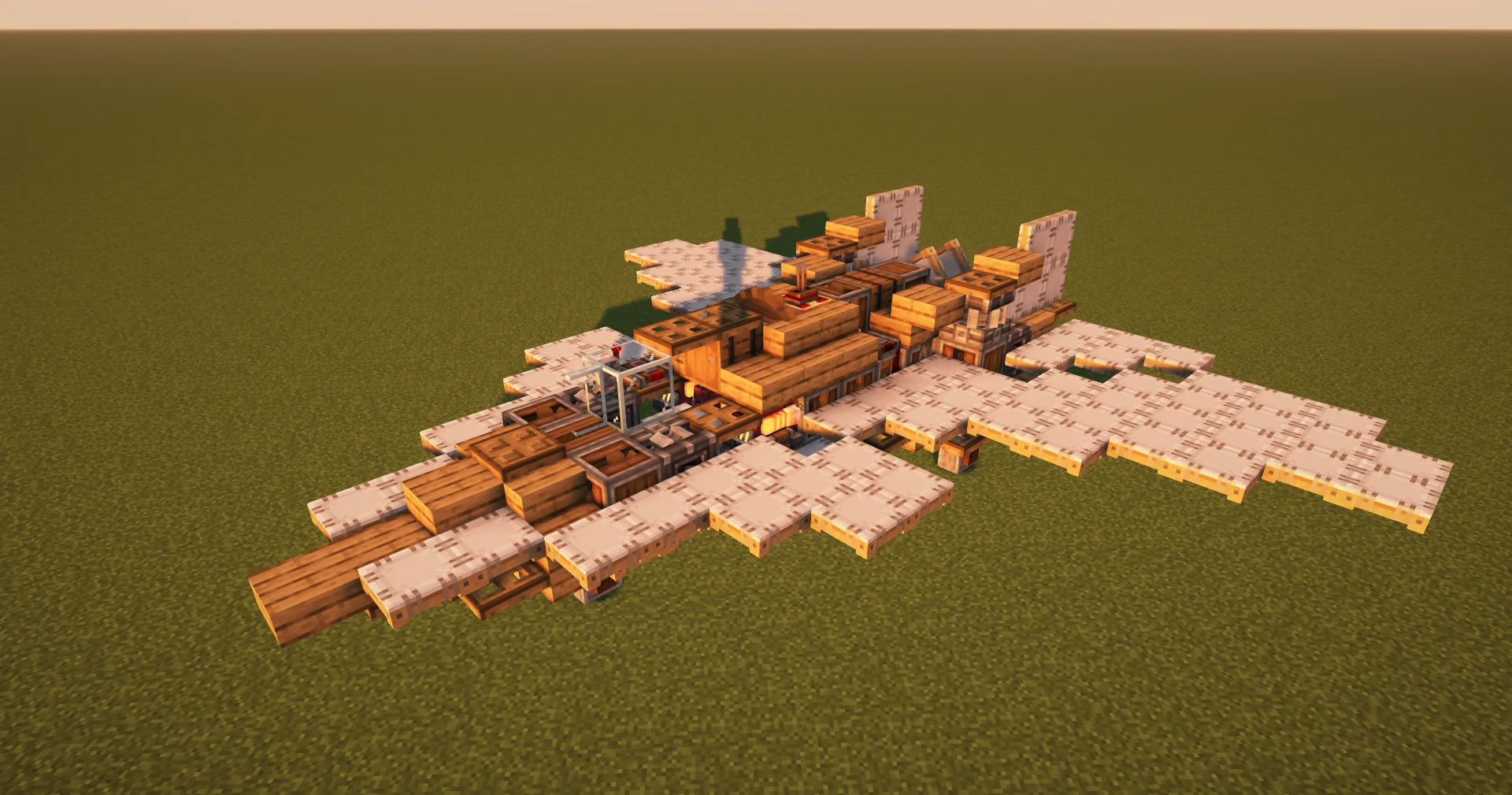 AeroFighter-01 - Gladius with White Sail, Oak Trapdoor, White Symmetric Sail, Andesite Encased Cogwheel, Oak Slab, Oak Stairs, Redstone Link, and Swivel Bearing, visible proportions, and a 19 x 5 x 17 schematic footprint.