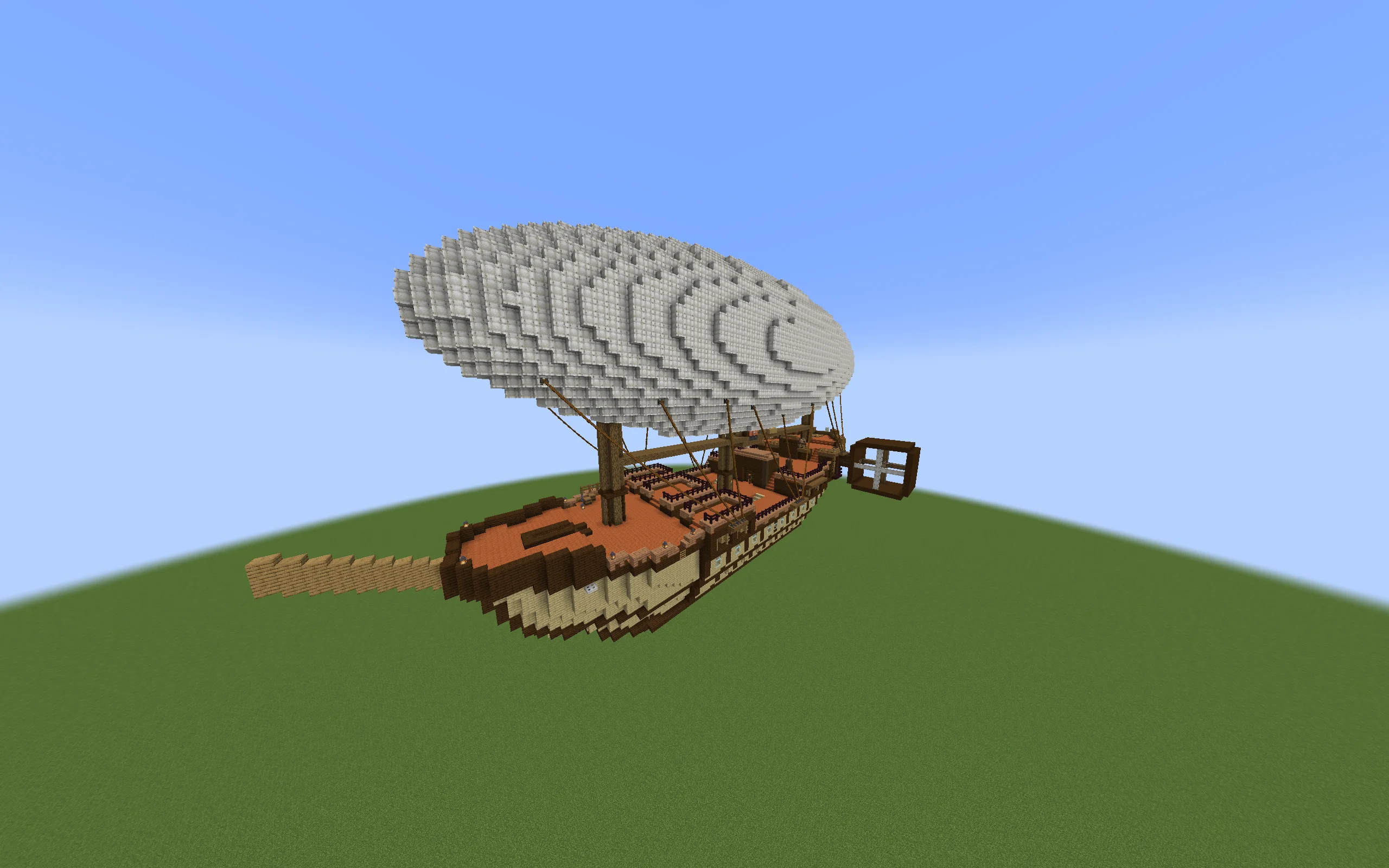 Airship Aeronautic with White Envelope, Dark Oak Planks, Birch Planks, Spruce Planks, Acacia Planks, Acacia Slab, Dark Oak Stairs, and Brown Terracotta, visible proportions, and a 100 x 55 x 48 schematic footprint.
