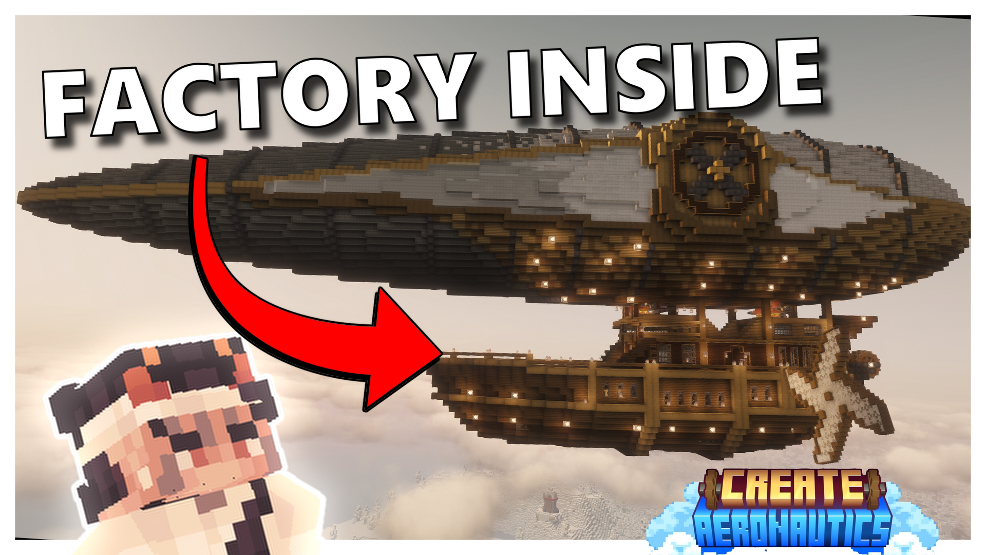 Large factory base with a docked airship, tall industrial structure, warm lighting, decorated walls, airship envelope, and Create Aeronautics details.