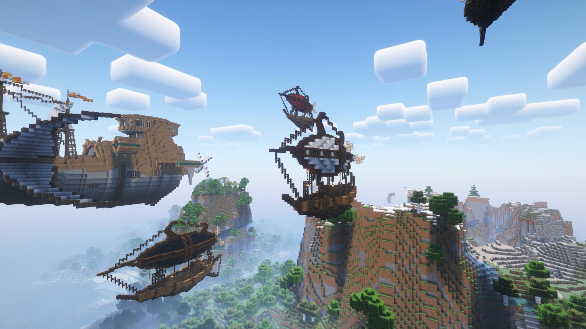 Small fantasy airship flying near a mountain with a white balloon, dark oak rigging, spruce gondola, and visible Create-style controls.