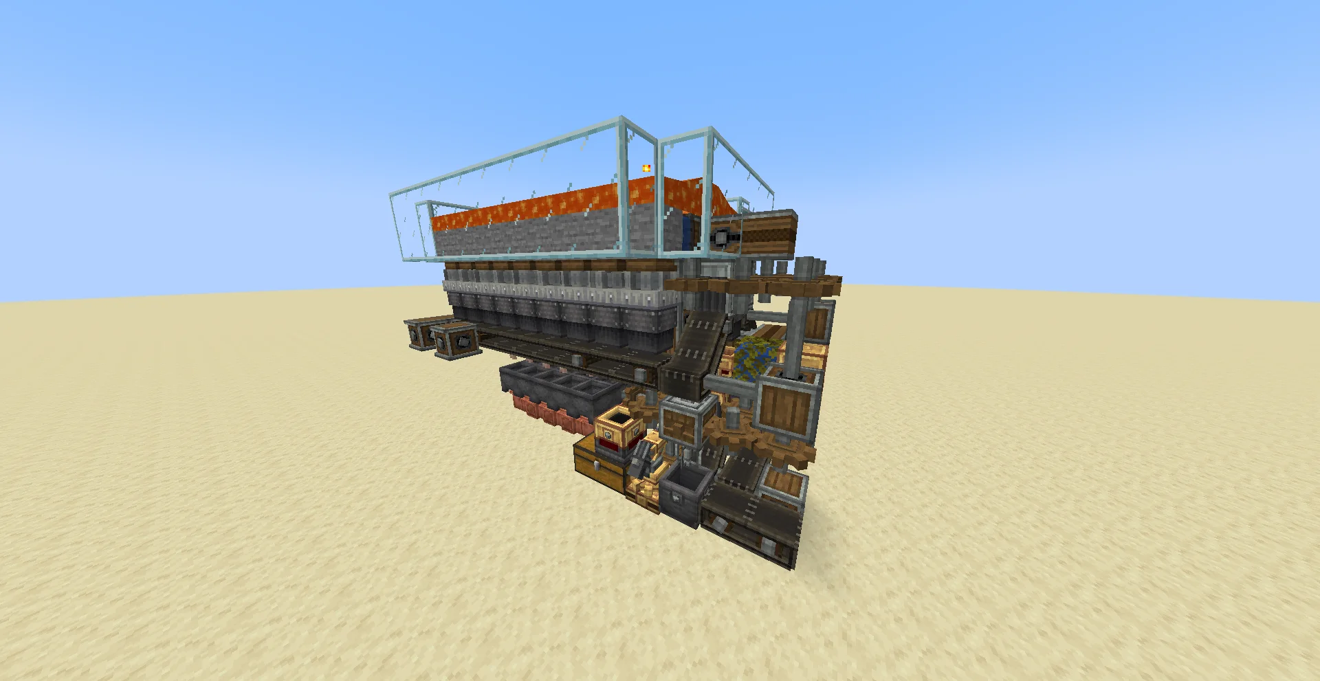 Andesite Alloy Farm with Framed Glass, Belt, Andesite Casing, Chute, Cogwheel, Fluid Pipe, Mechanical Drill, and Millstone, visible proportions, and a 13 x 8 x 7 schematic footprint.