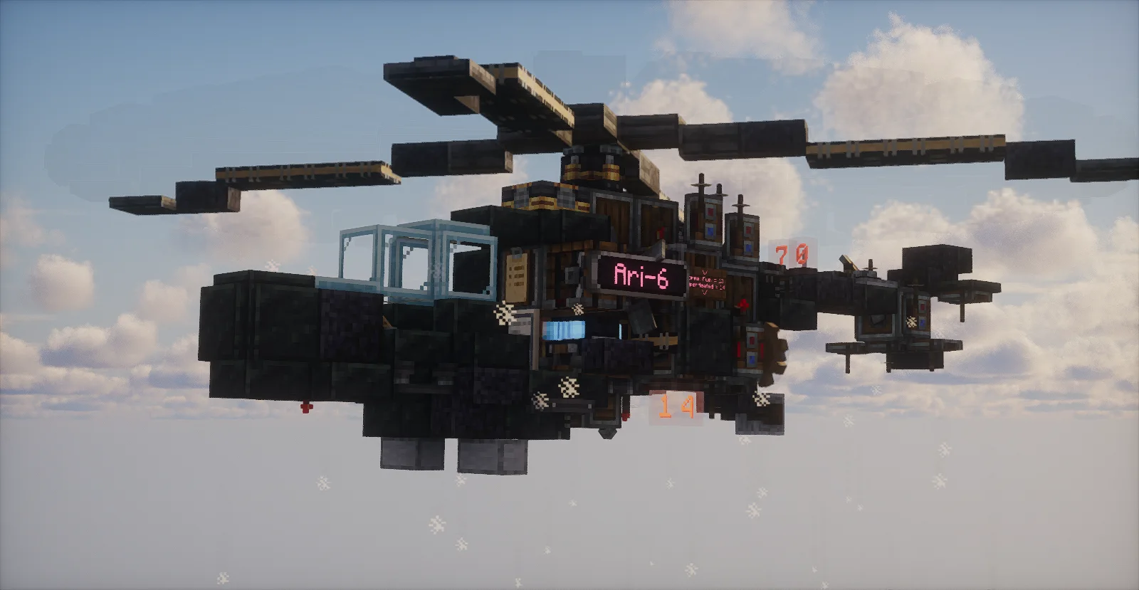Ari-6: Night Shark Helicopter with Copycat Step, Copycat Panel, Redstone Link, Black Symmetric Sail, Lodestone, Polished Cut Scorchia Stairs, Encased Chain Drive, and Iron Handle, visible proportions, and a 19 x 7 x 17 schematic footprint.
