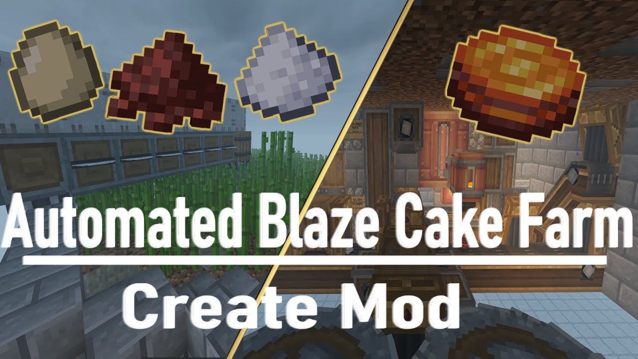 Automated Blaze Cake Farm preview with a compact Create machine, stone-brick base, belts, mechanical saw, deployer, fluid tank, and farm parts.