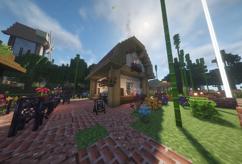 Bakery build with Stripped Oak Log, Smooth Sandstone, Bricks, Oak Stairs, Brick Stairs, Sandstone, Ornate Metal Fence, and Iron Chair, visible proportions, and a 16 x 9 x 18 schematic footprint.