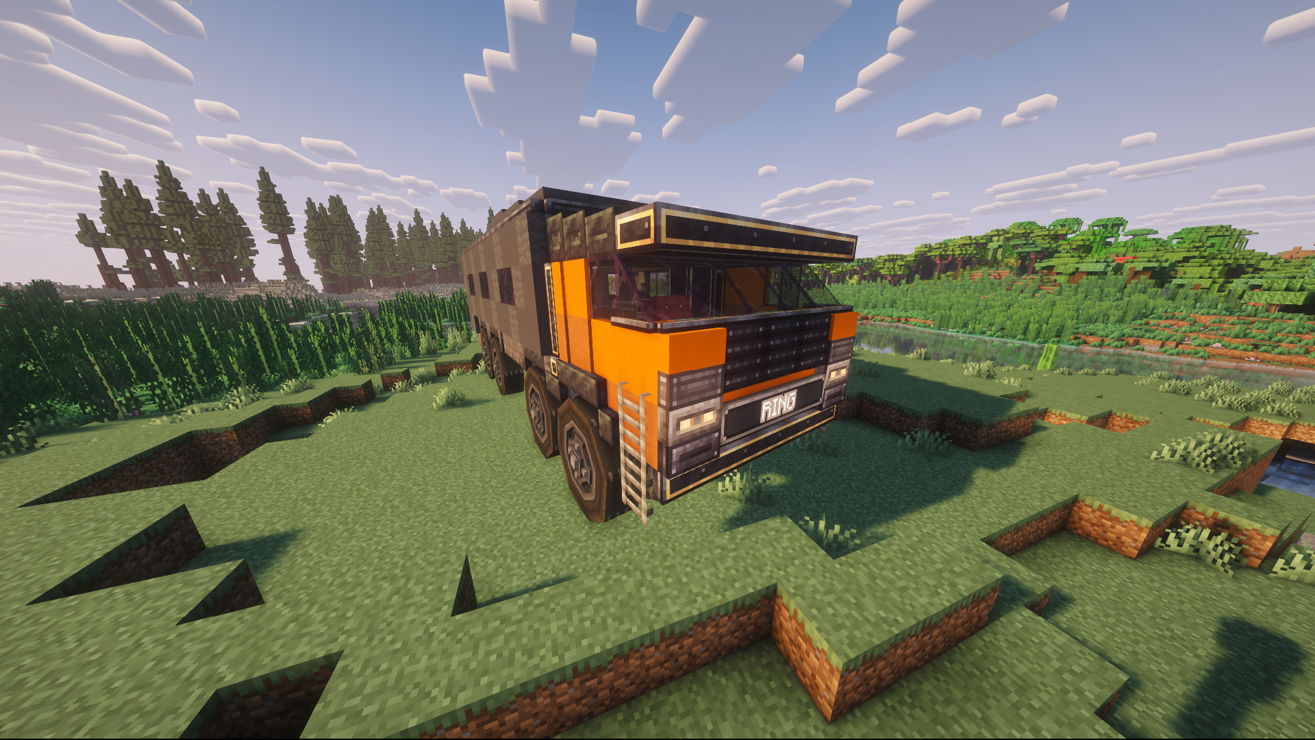 Base Car Ring vehicle with a longer body, raised cabin, mechanical trim, off-road wheels, and compact base-style storage detail.