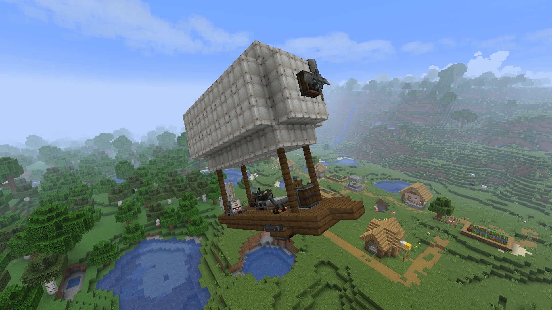 Basic Aeronautics Airship with White Envelope, Spruce Stairs, Spruce Fence, Spruce Planks, Andesite Encased Cogwheel, Redstone Link, Shaft, and Gearbox, visible proportions, and a 5 x 10 x 11 schematic footprint.
