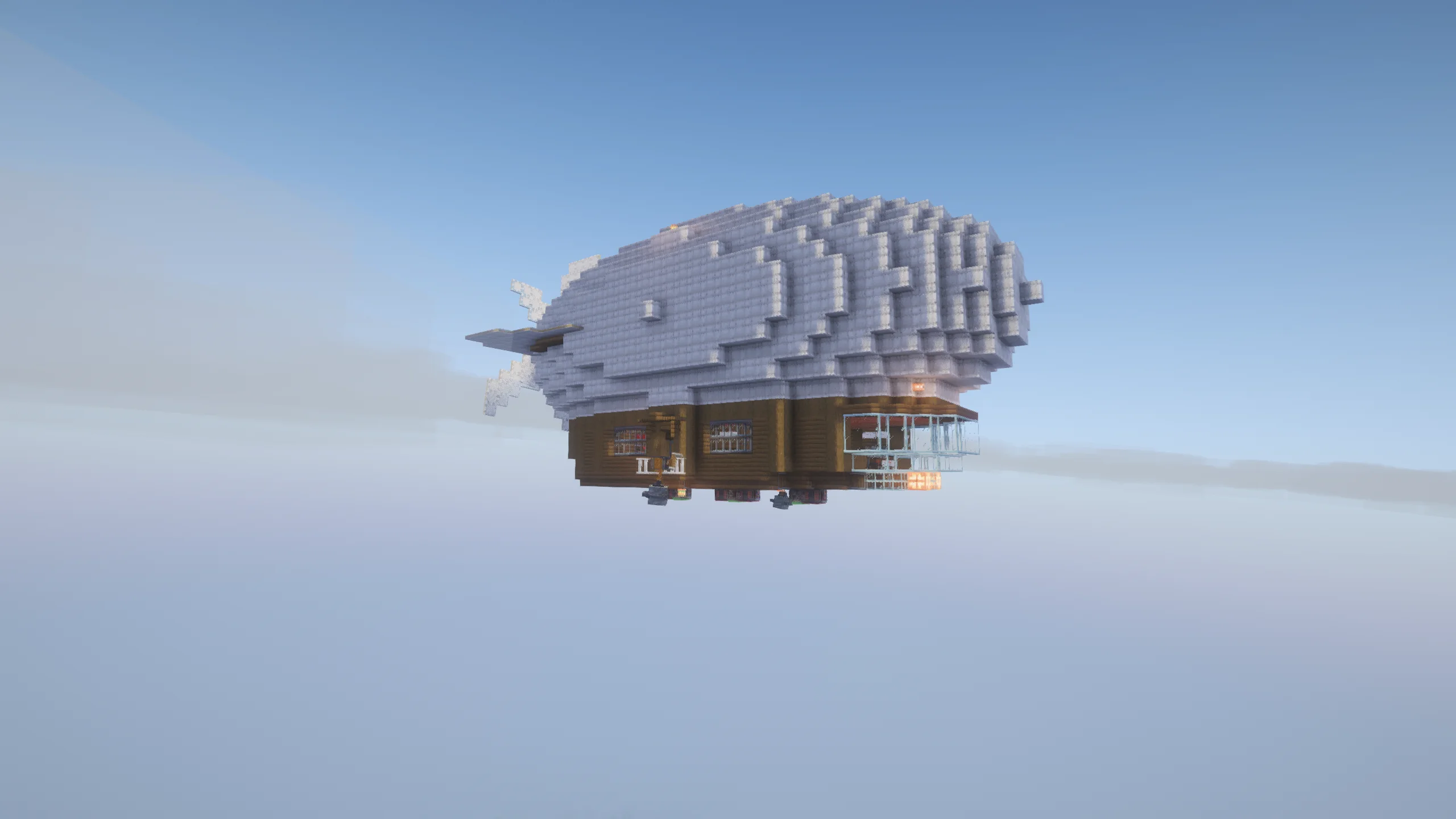 Beetle Airship with a rounded white envelope, copper grates, andesite casing, spruce hull detail, and symmetric sail pieces.