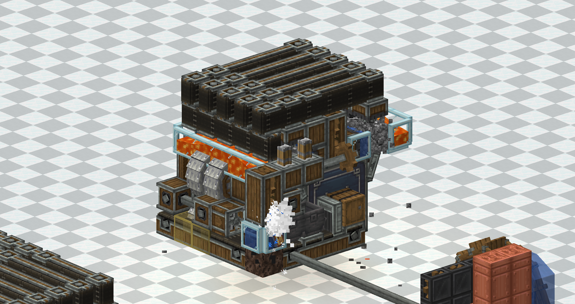 Compact iron block farm with a tiny machine footprint, visible Create components, item collection area, and clean utility layout.