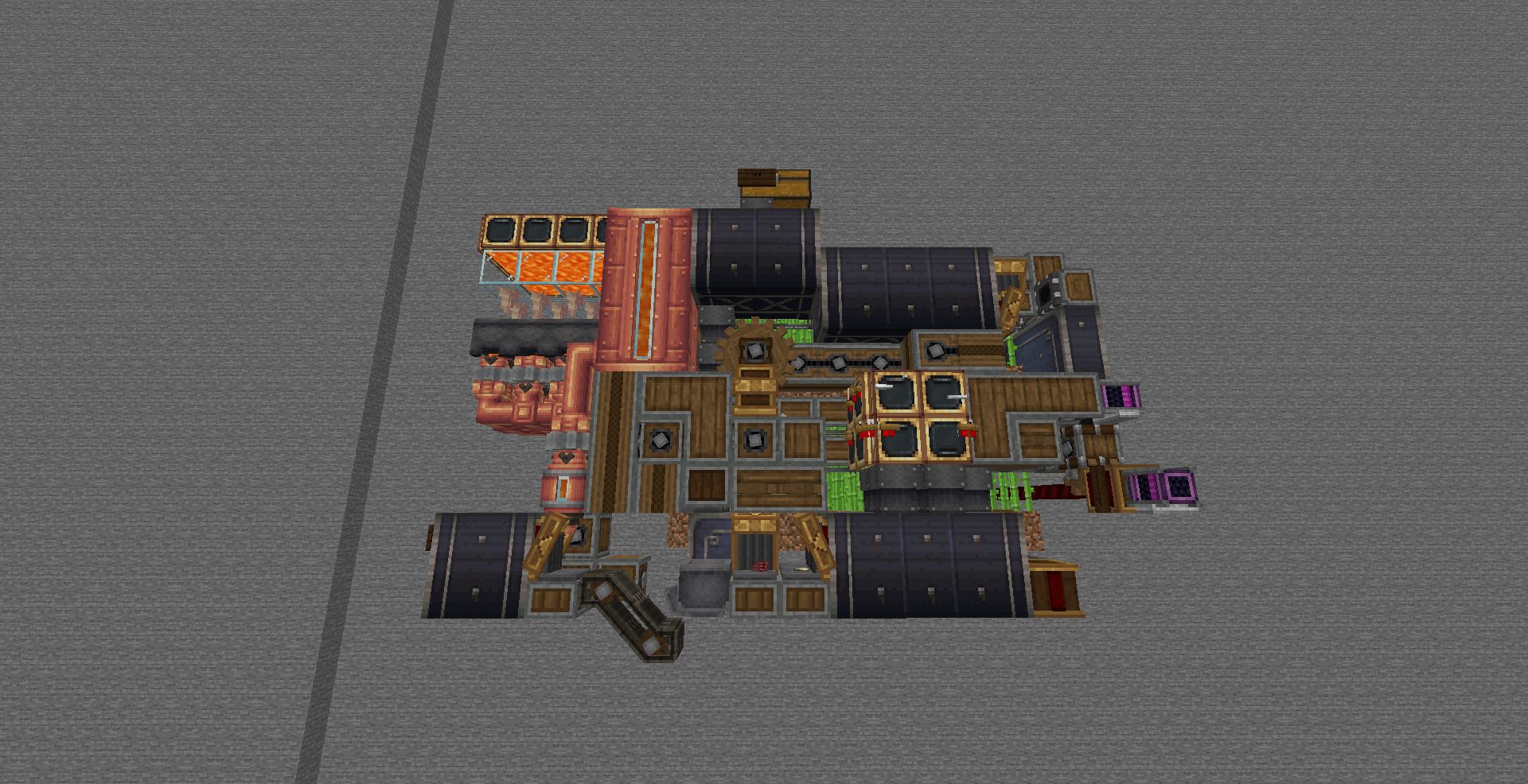 Compact Blaze Cake Farm on grass with sugar cane rows, lava handling, Create machinery, item vaults, belts, and pipes visible from above.
