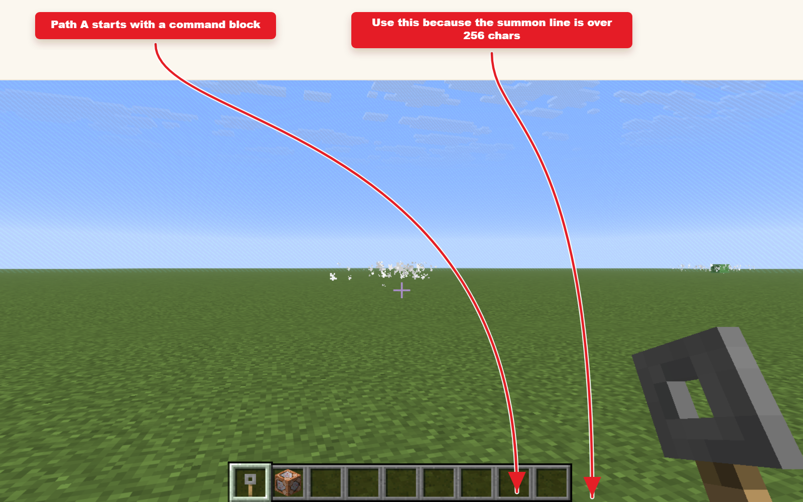 Captura de pantalla del juego que muestra la ruta del command block para el comando largo Blaze Emperor.