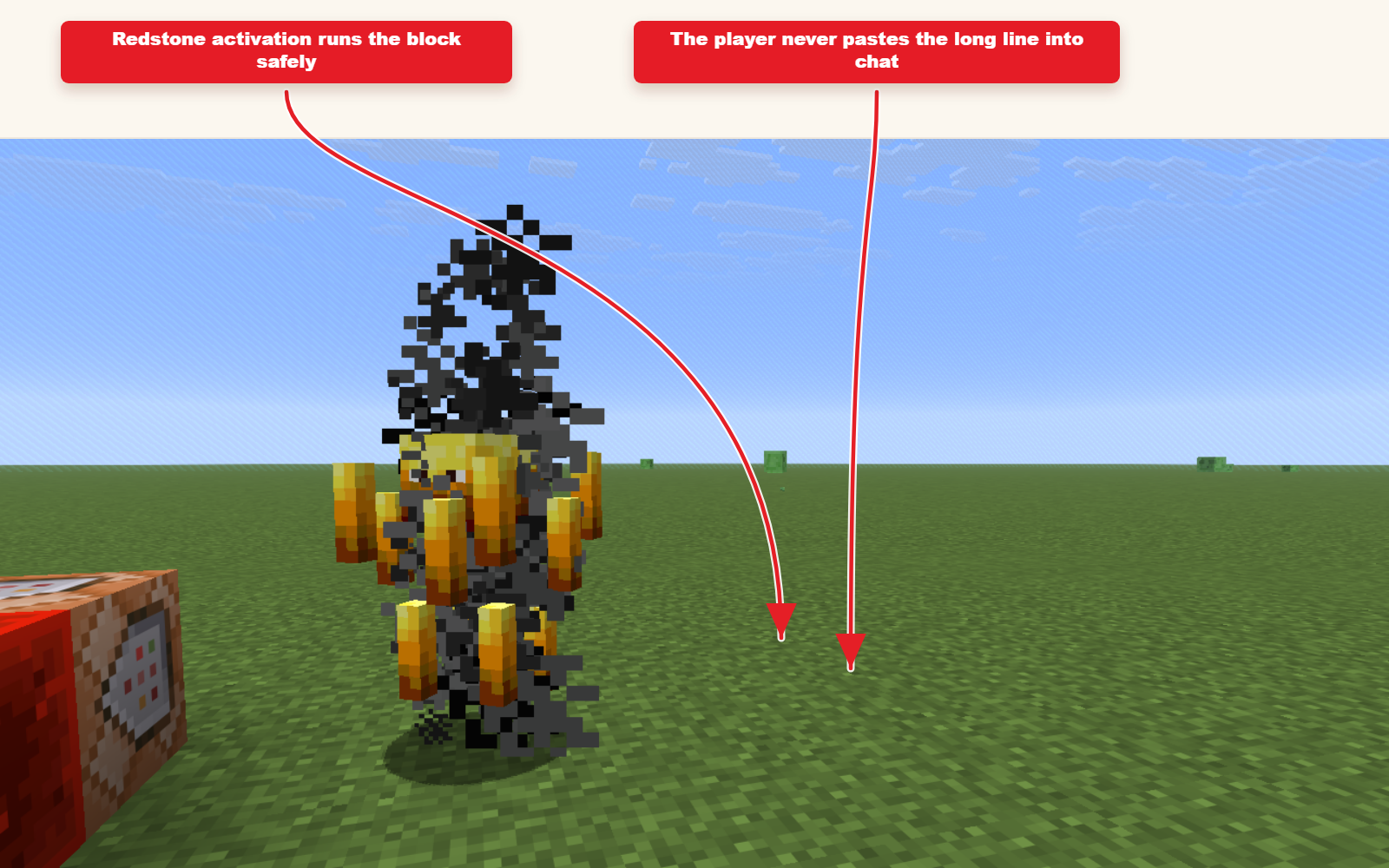 Captura de pantalla del juego que muestra la activación de Redstone para el bloque de comando Blaze Emperor.