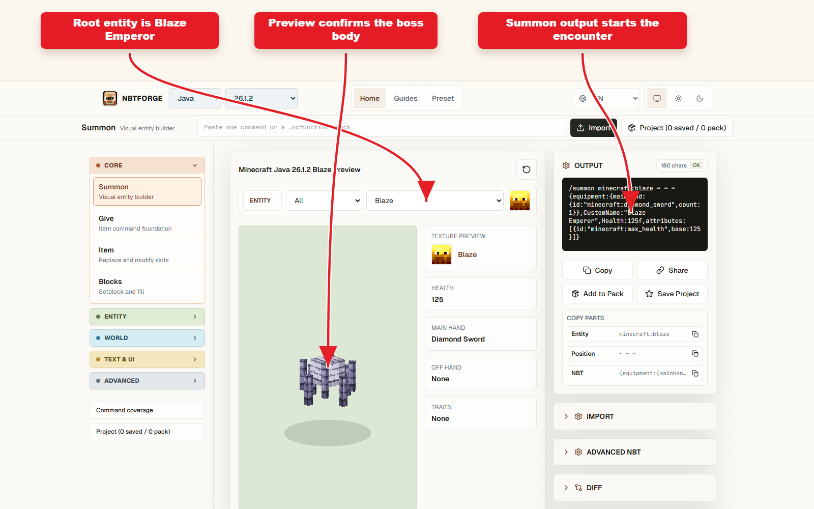 Banco de trabajo Summon configurado para la entidad jefe Blaze Emperor.