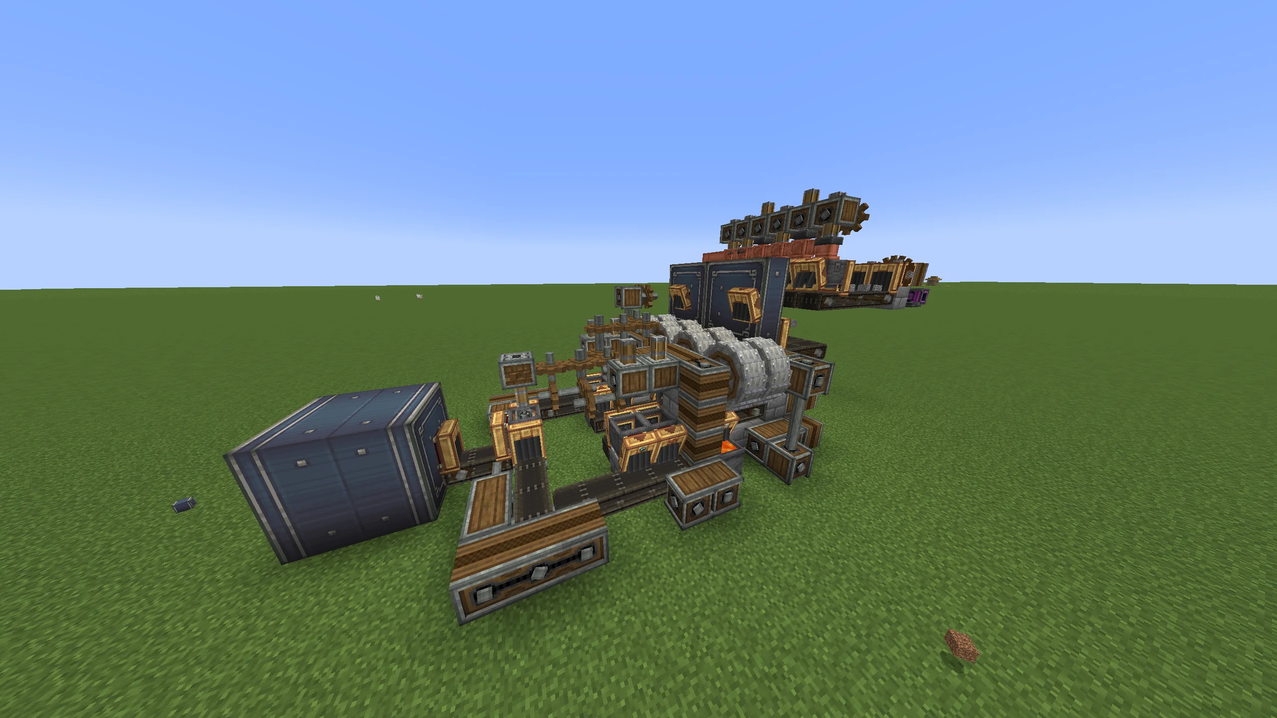 Brass farm 500+ h with Belt, Item Vault, Encased Chain Drive, Gearbox, Brass Belt Funnel, Stone Bricks, Cogwheel, and Fluid Pipe, visible proportions, and a 25 x 9 x 10 schematic footprint.