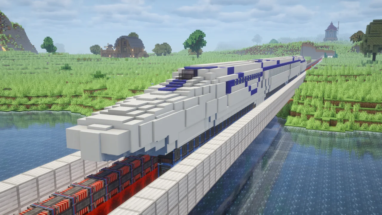 Bullet Train with Track and Station with Stone, Dirt, Grass Block, White Concrete, Iron Block, Redstone Wire, Redstone Magnet, and Yellow Shingles, visible proportions, and a 105 x 11 x 14 schematic footprint.