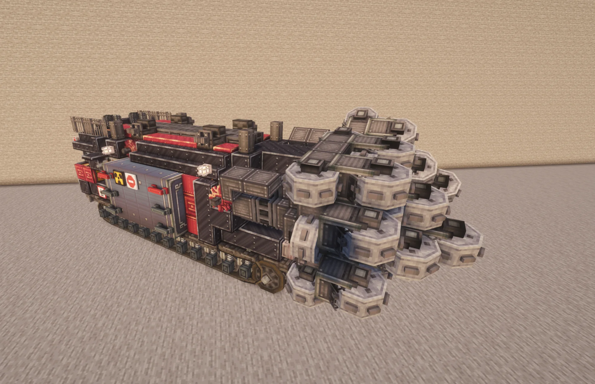 Burovaia Ustanovka drill rig with Copycat Slab, Black Slashed Locometal, Rockcutting Wheel, Item Vault, Copycat Trapdoor, Copycat Stairs, Industrial Iron Block, and Copycat Slice, visible proportions, and a 10 x 7 x 22 schematic footprint.
