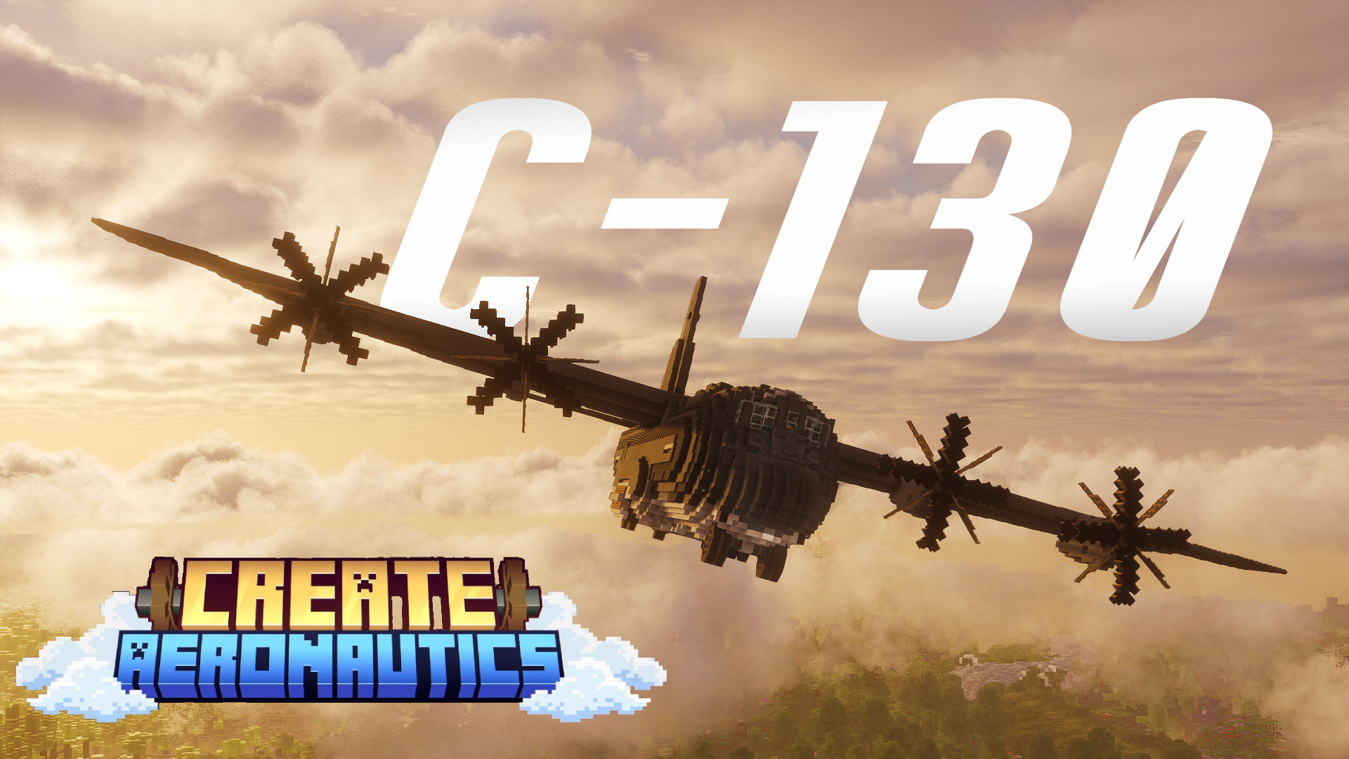 C-130 Hercules cargo aircraft with broad wings, long fuselage, tail section, landing gear detail, and Aeronautics flight components.