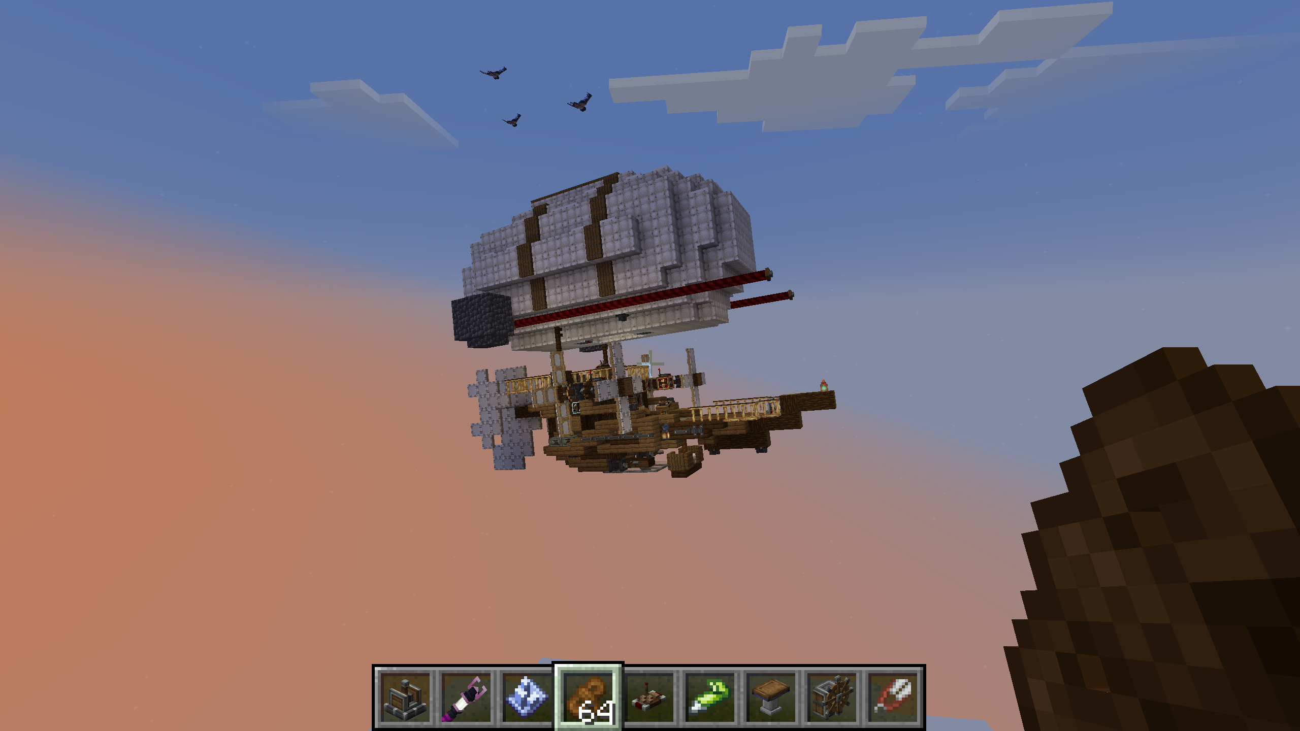Compact Capable Airship with a white balloon envelope, spruce hull, brass catwalks, controls, and Create Aeronautics machinery.