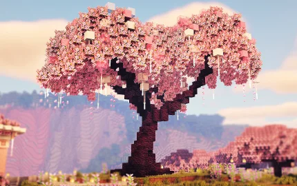 Cherry Blossom Tree with Dirt, Grass Block, Cherry Leaves, Lilac, Short Grass, Stone, Andesite, and Andesite Wall, visible proportions, and a 61 x 32 x 84 schematic footprint.