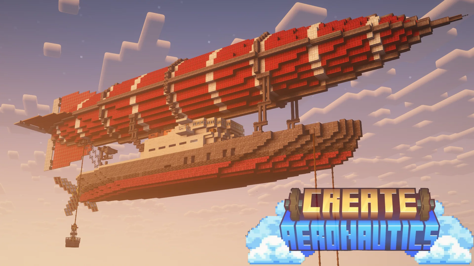 Ảnh xem trước 'Cirrus' Exploration Airship for Create Aeronautics - V1.2 với các chi tiết chính như độ cân thân, dáng đáp, khoảng hở đuôi hoặc rotor, phía điều khiển và khoảng trống quanh bãi đáp.