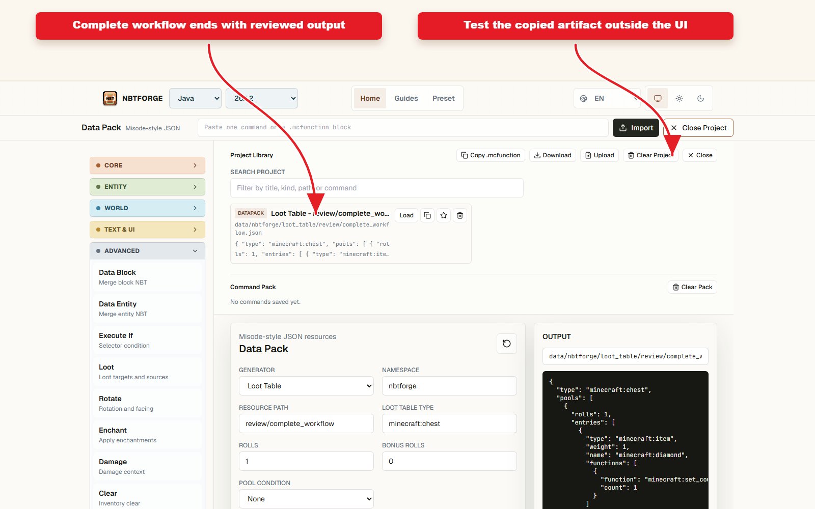 Output compatible Copy pour le guide complet des flux de travail prédéfinis NBTForge.