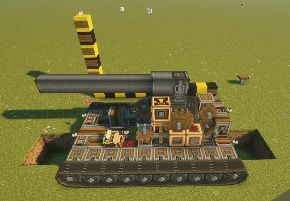 Create: Aeronautics - Tank with Track Mount, Encased Chain Drive, Redstone Link, Cogwheel, Iron Block, Gearbox, Rope Connector, and Gearshift, visible proportions, and a 11 x 5 x 9 schematic footprint.