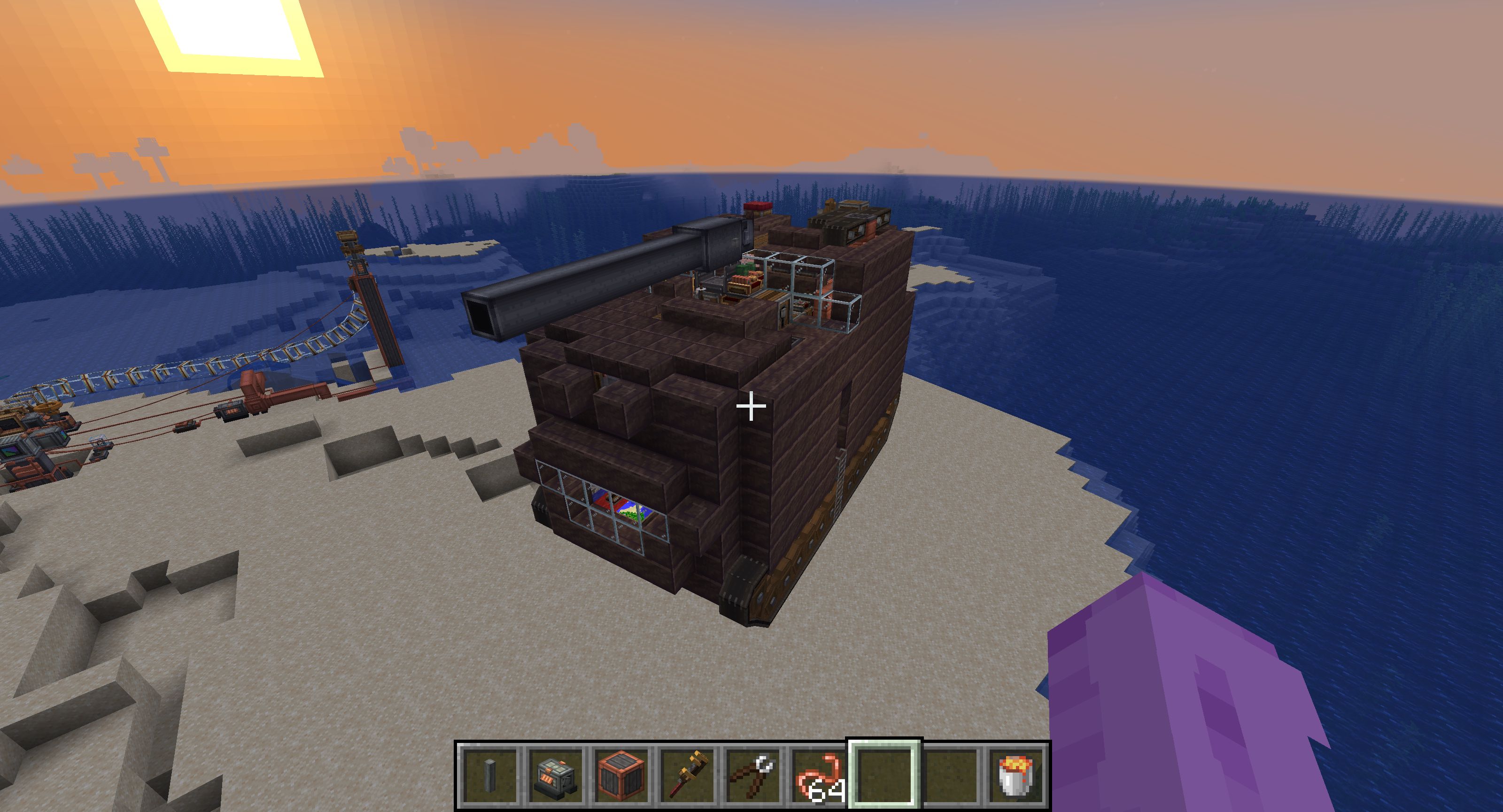 Compact Create tank with a dark scoria hull, working tread modules, cannon mount, glass windows, control blocks, and fluid machinery.