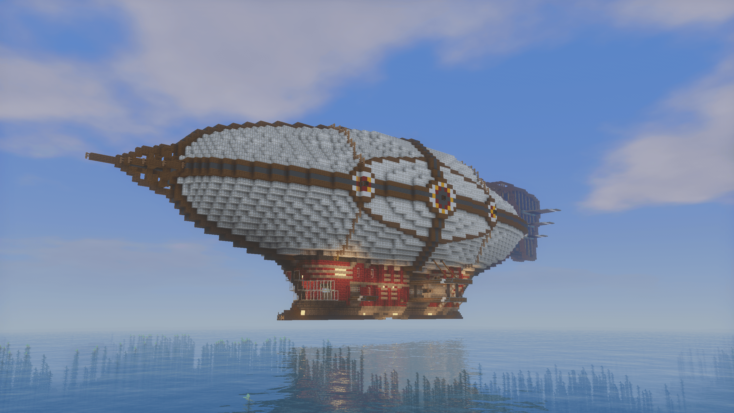 Large Crimson Engine airship with a white envelope, long spruce hull, dark mechanical underside, crimson trim, steam-engine machinery, and open sky backdrop.