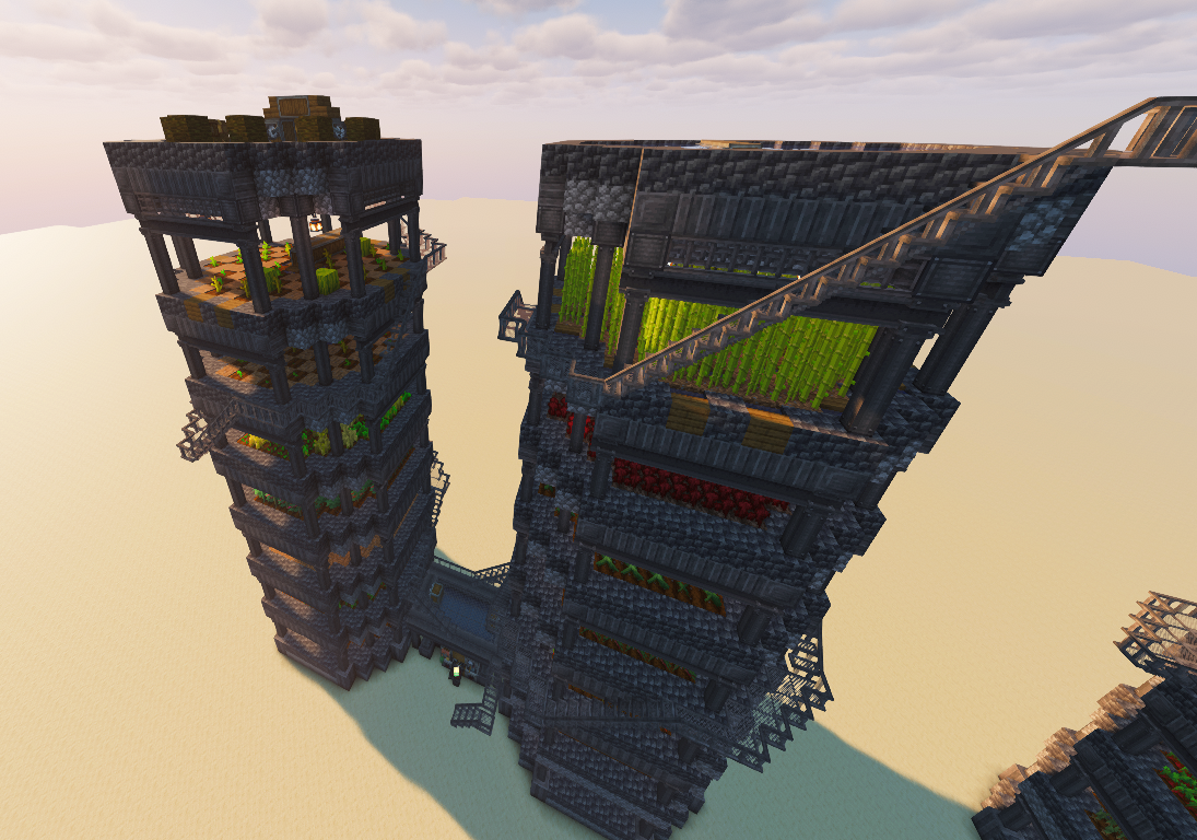 Ultimate crop farm with a tall compact farming module, visible Create machinery, crop-processing layout, and survival base utility details.