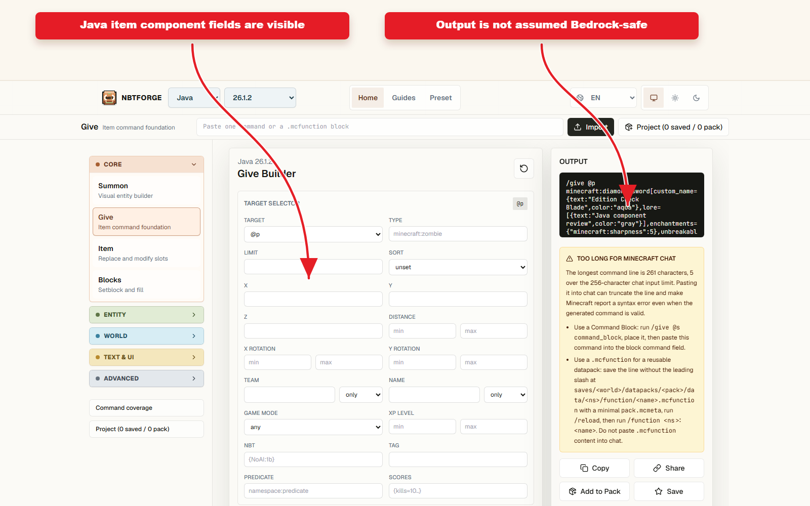 Plan de travail NBTForge Give configuré pour la liste de contrôle prédéfinie des objets inter-éditions.
