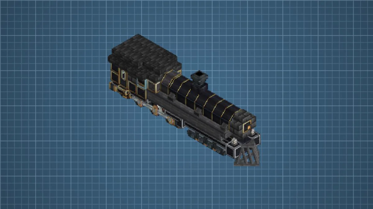 Custom Black locomotive with Black Brass Wrapped Locometal, Deepslate Tiles, Copycat Trapdoor, Deepslate Pillar, Copycat Stairs, Copycat Step, Copycat Beam, and Black Brass Wrapped Locometal Boiler, visible proportions, and a 5 x 5 x 16 schematic footprint.