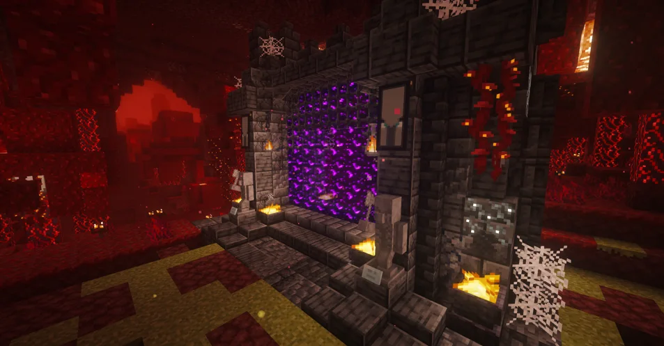 Deepslate castle gate Nether Portal with Deepslate Bricks, Polished Deepslate, Cracked Deepslate Bricks, Bolted Iron Bars, Obsidian, Framed Corner Pillar, Netherrack, and Cobbled Deepslate, visible proportions, and a 8 x 12 x 15 schematic footprint.