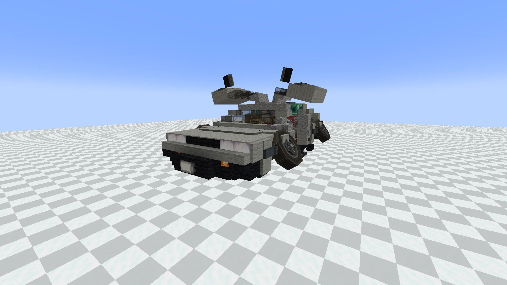 DeLorean v2 Flying car with Copycat Step, Copycat Panel, Light Gray Wool, Black Wool, Belt, Light Gray Carpet, Redstone Link, and Black Sail, visible proportions, and a 19 x 6 x 9 schematic footprint.