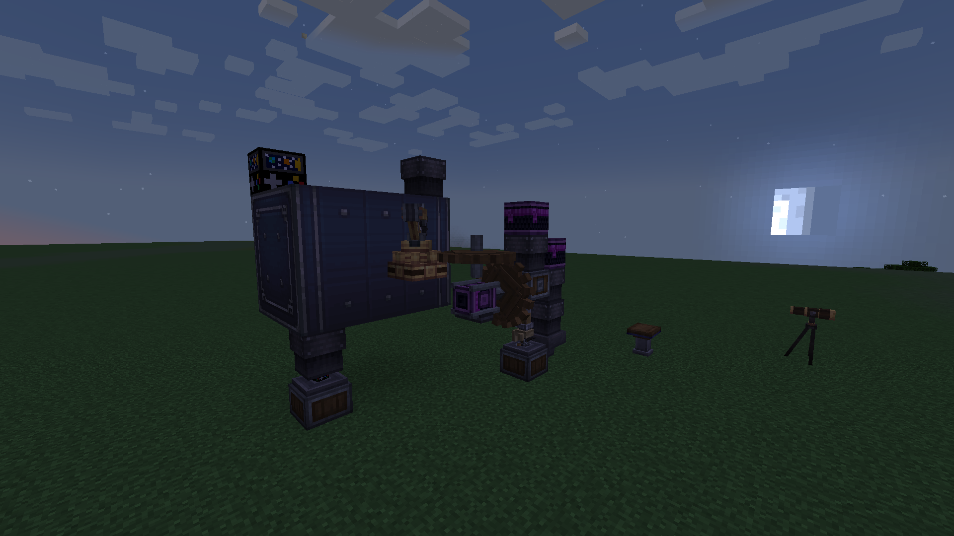 Compact dimensional-drive processor with stacked item vaults, chutes, creative crate, depot, deployer, cogwheel, motor, and mechanical arm.