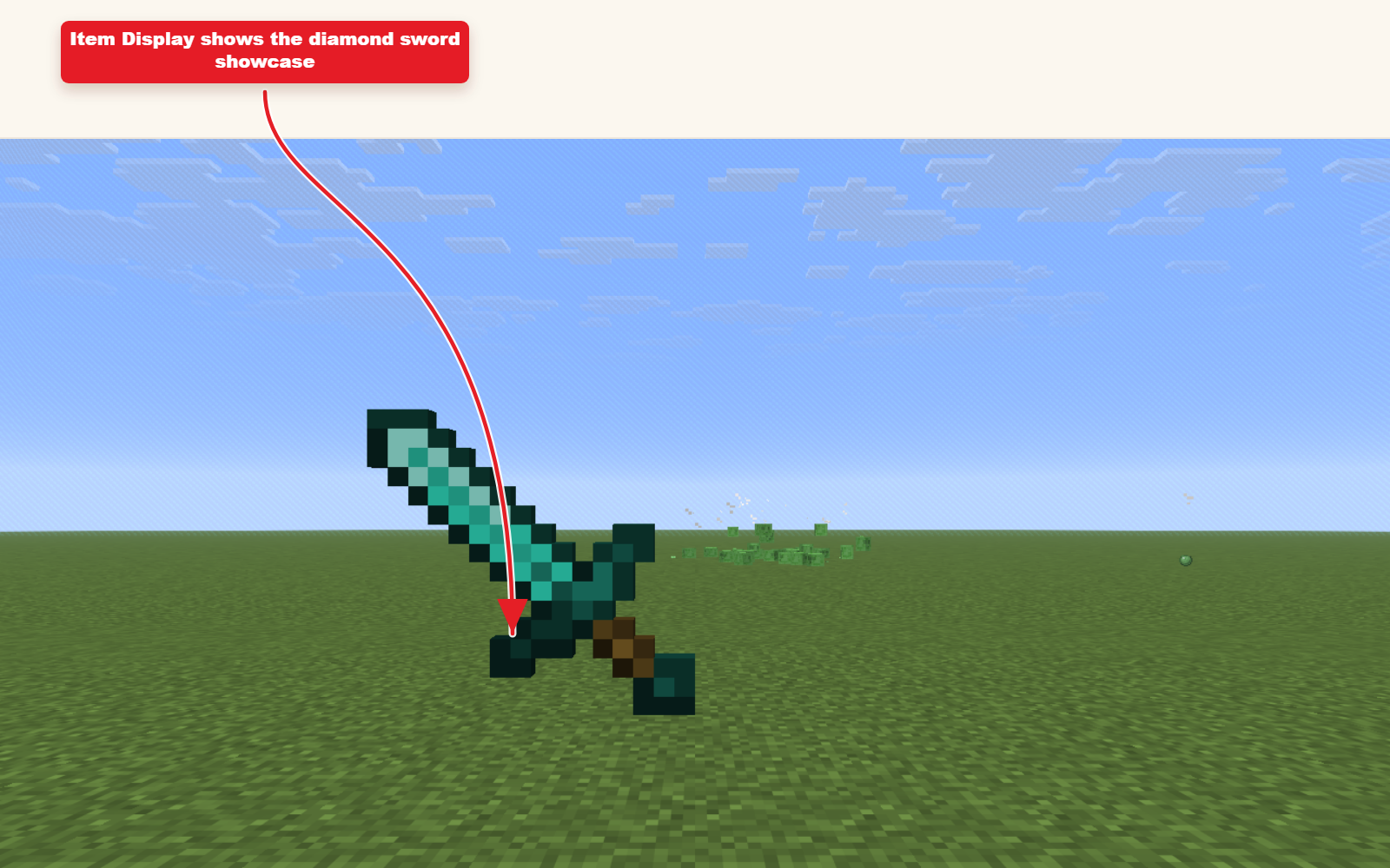 In-game screenshot showing item_display diamond sword showcase spawned from the preset command.